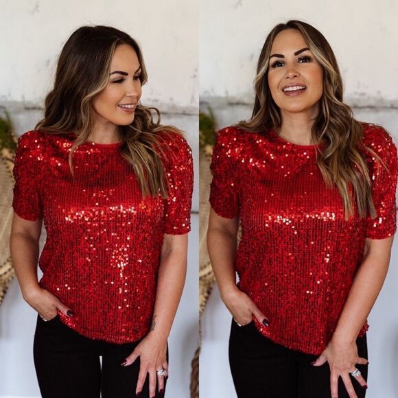 Red Sequin Top holiday party going out dressy S M L Christmas sparkle - Picture 1 of 5